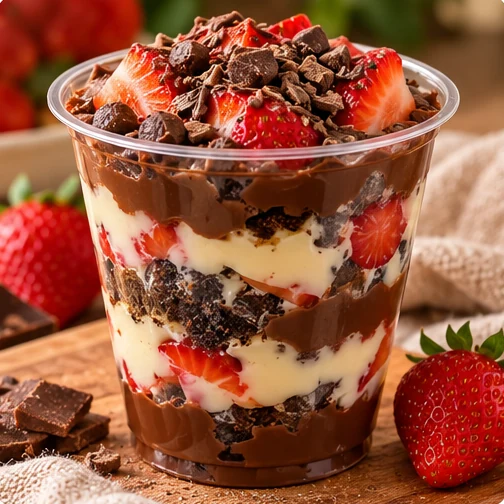 Copo da felicidade em camadas de chocolate e morango